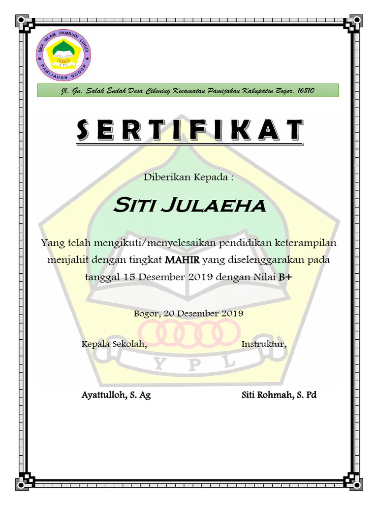 Sertifikat Menjahit Siti Julaeha | PDF
