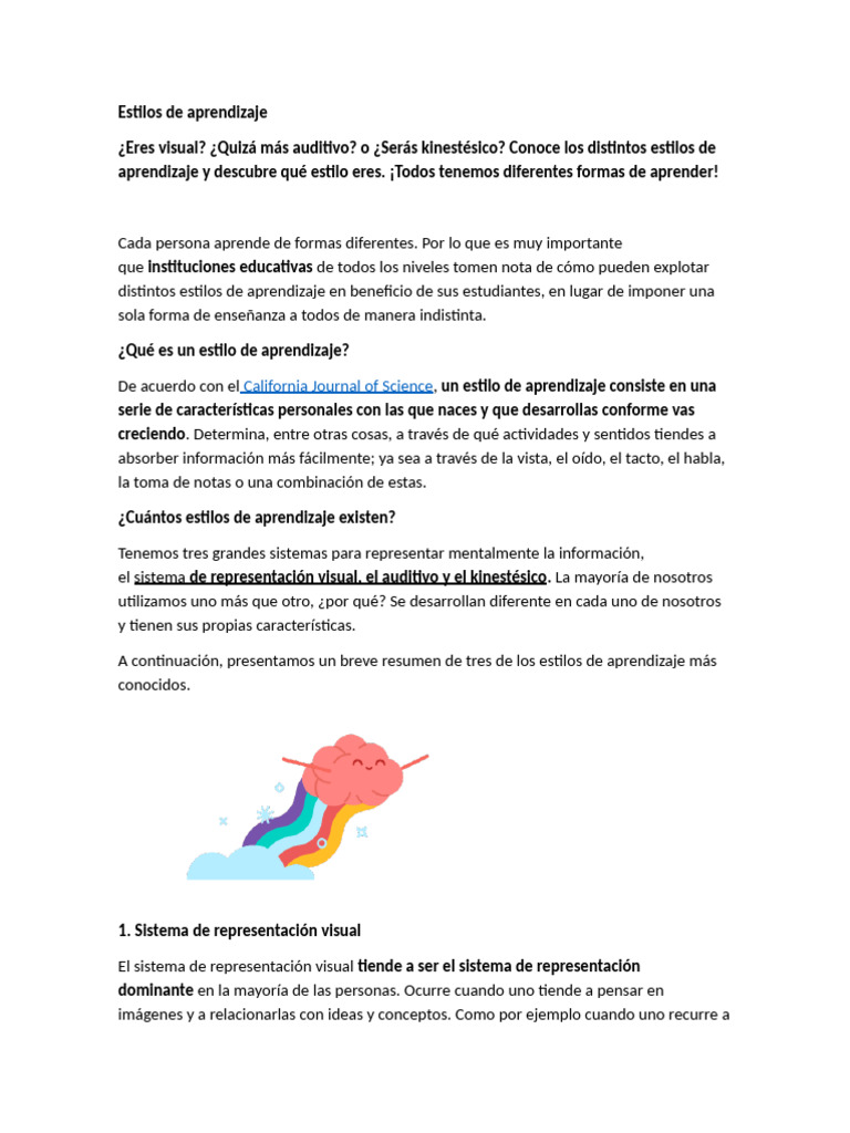Estilos de Aprendizaje: Visual, Auditivo y Kinestésico | PDF ...
