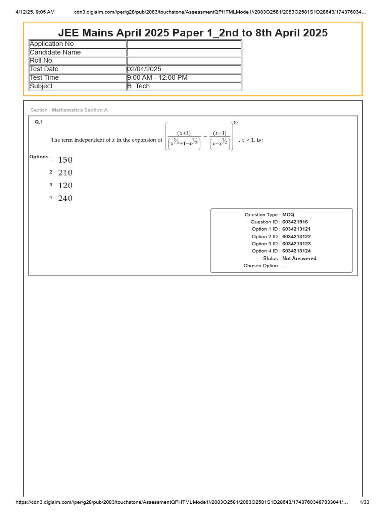 JEE Mains April 2025 Mathematics Paper | PDF | Multiple Choice | Evaluation