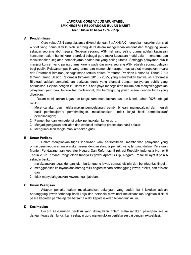 Laporan Core Value Akuntabel ASN SMK | PDF