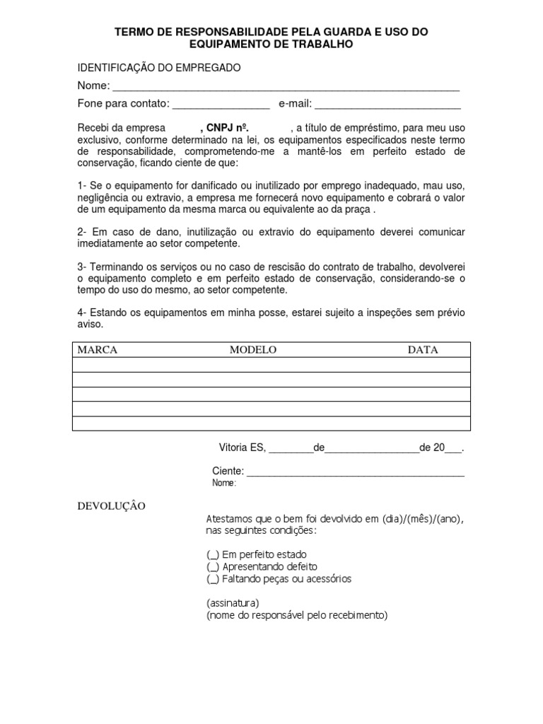 Termo de Responsabilidade de Equipamentos