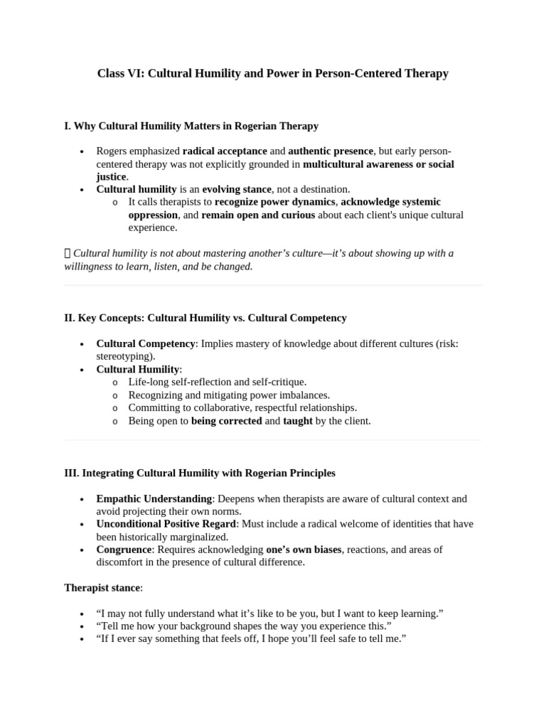 Class VI - Cultural Humility and Power in Person-Centered Therapy | PDF ...