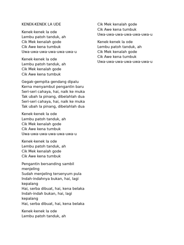 Lirik Lagu Kenek-Kenek La Ode | PDF