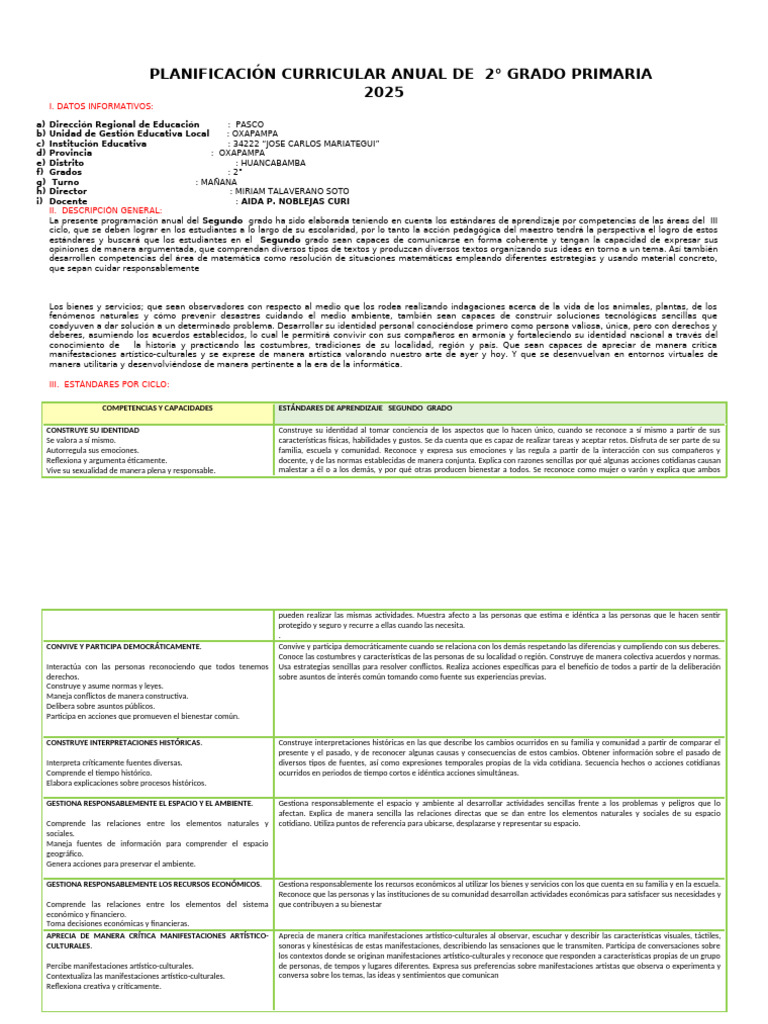 Planificación Anual 2° Grado 2025 | PDF | Aprendizaje | Datos