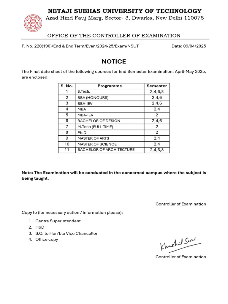 NSUT Final Exam Schedule 2025 | PDF | Artificial Intelligence ...