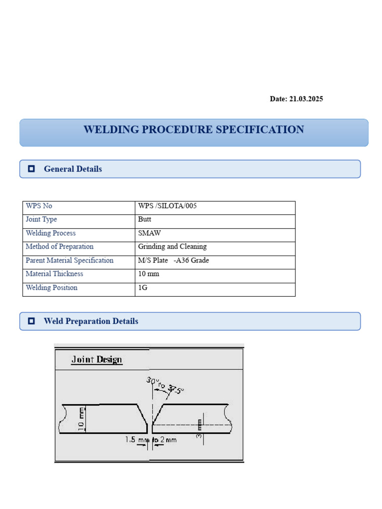 WPS for SMAW Butt Welding A36 Plate | PDF