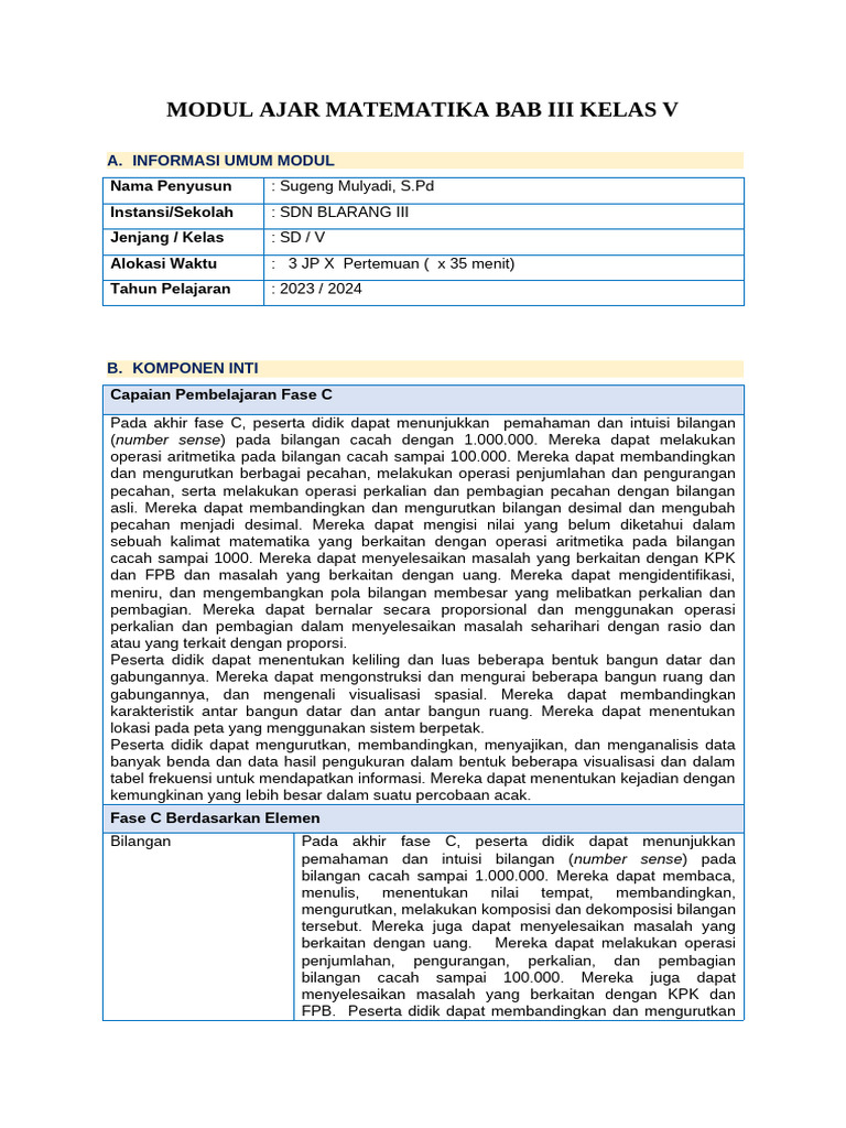 Modul Ajar Matematika Bab Iii Kelas V | PDF