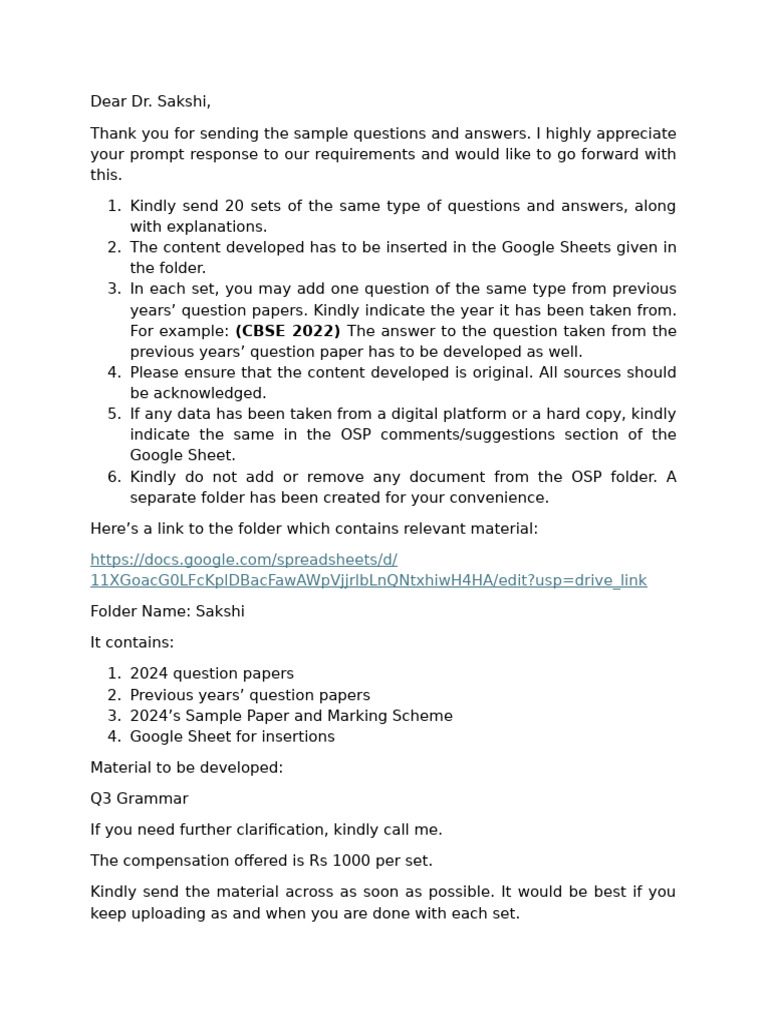 Request for Question Sets and Explanations | PDF