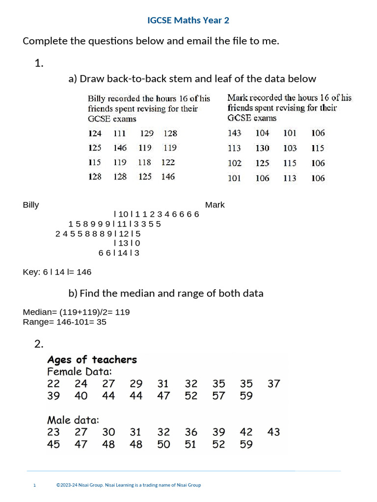 Back To Back Stem and Leaf Progress Check 1 | PDF