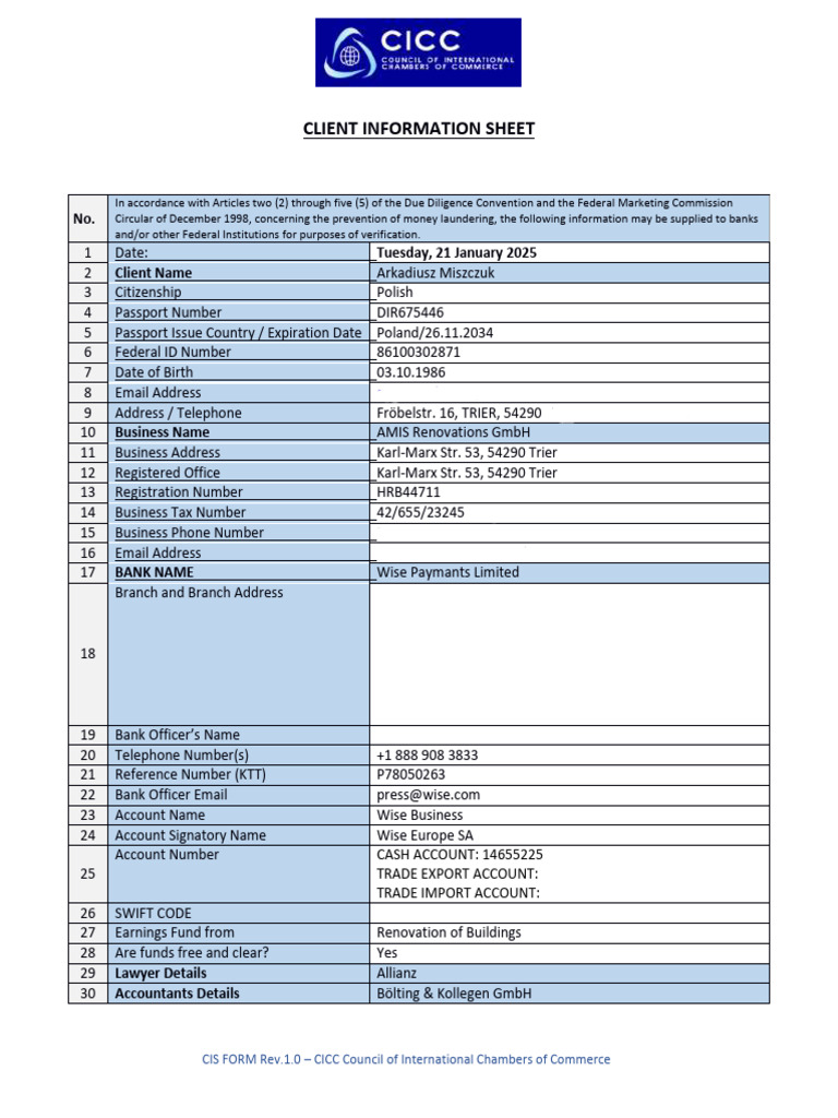 Client Information Sheet for AML Compliance | PDF