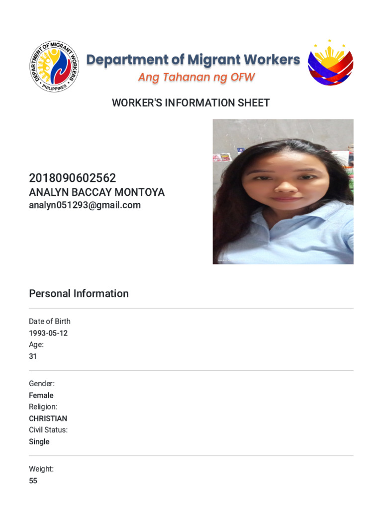 Worker Information Sheet: Analyn Montoya | PDF