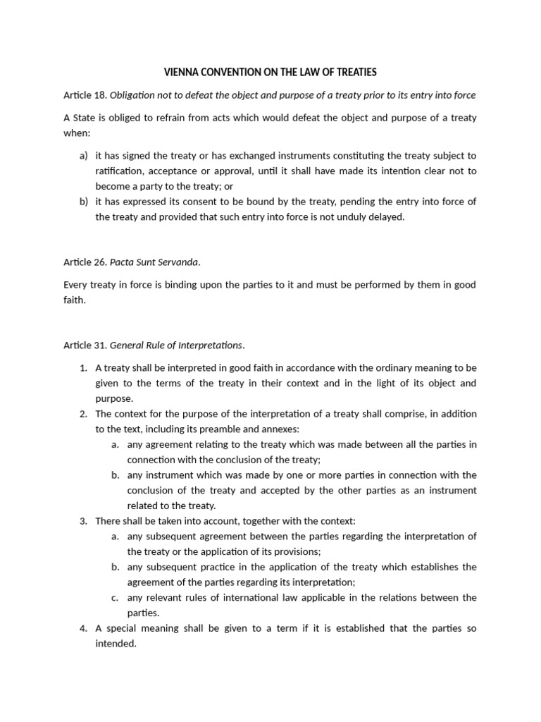 VIENNA CONVENTION ON THE LAW OF TREATIES - Salient Parts For Moot | PDF ...
