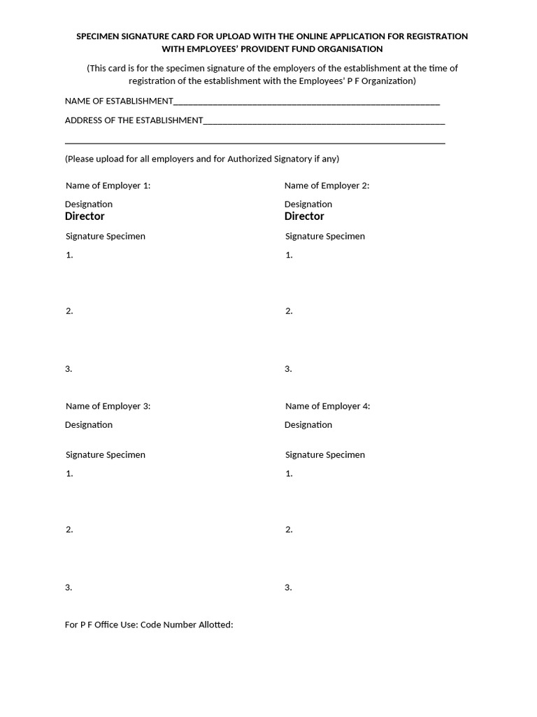 EPFO Specimen Signature Card Template | PDF