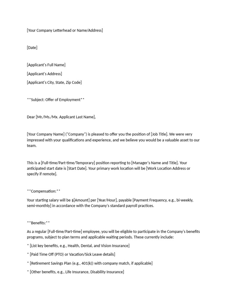 Employment Offer Letter Template | PDF | Employment | Labor Relations