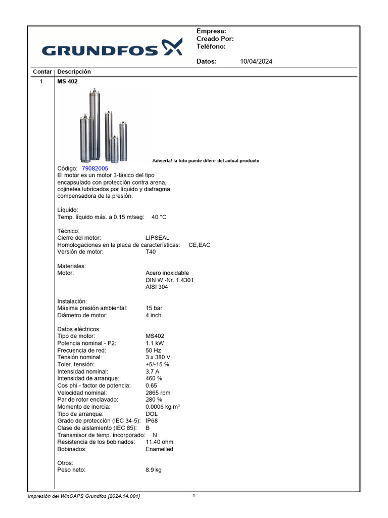 Especificaciones del Motor MS 402 | PDF | Cantidades fisicas | Cantidad