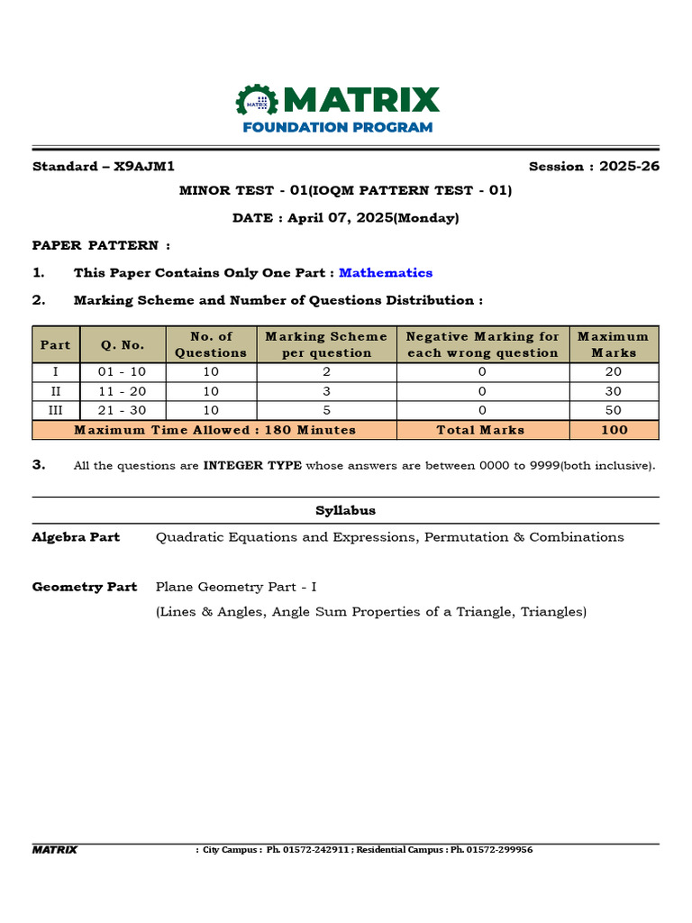 IOQM Exam Pattern and Marking Scheme | PDF
