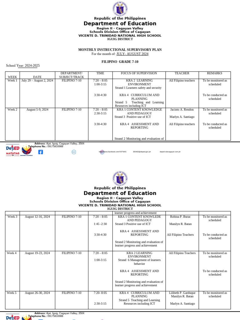 Monthly Supervisory Plan for Filipino 7-10 | PDF | Educational ...