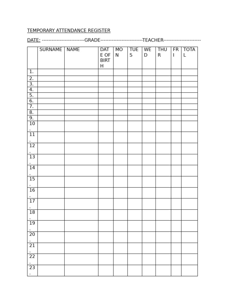 Temporary Attendance Register Template | PDF