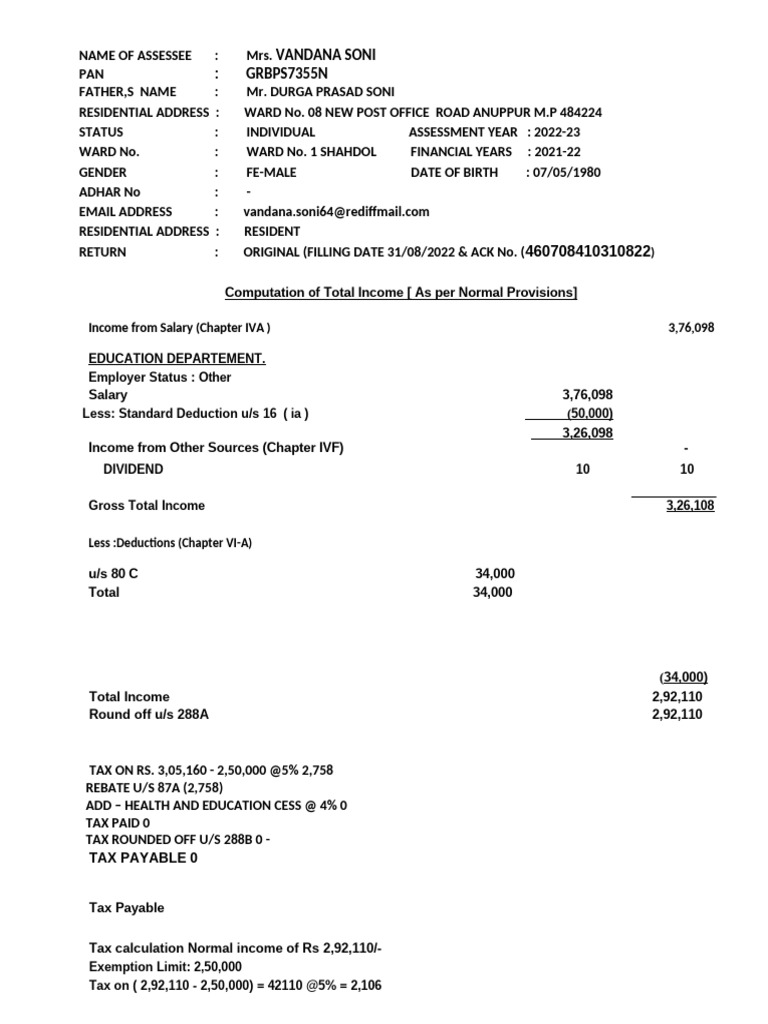 Income Computation for Mrs. Soni 2022-23 | PDF