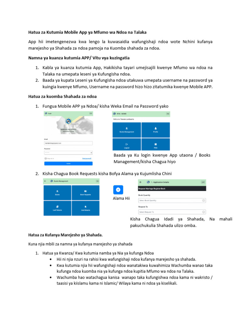 Hatua Za Kutumia Mobile App Ya Mfumo Wa Ndoa Na Talaka | PDF