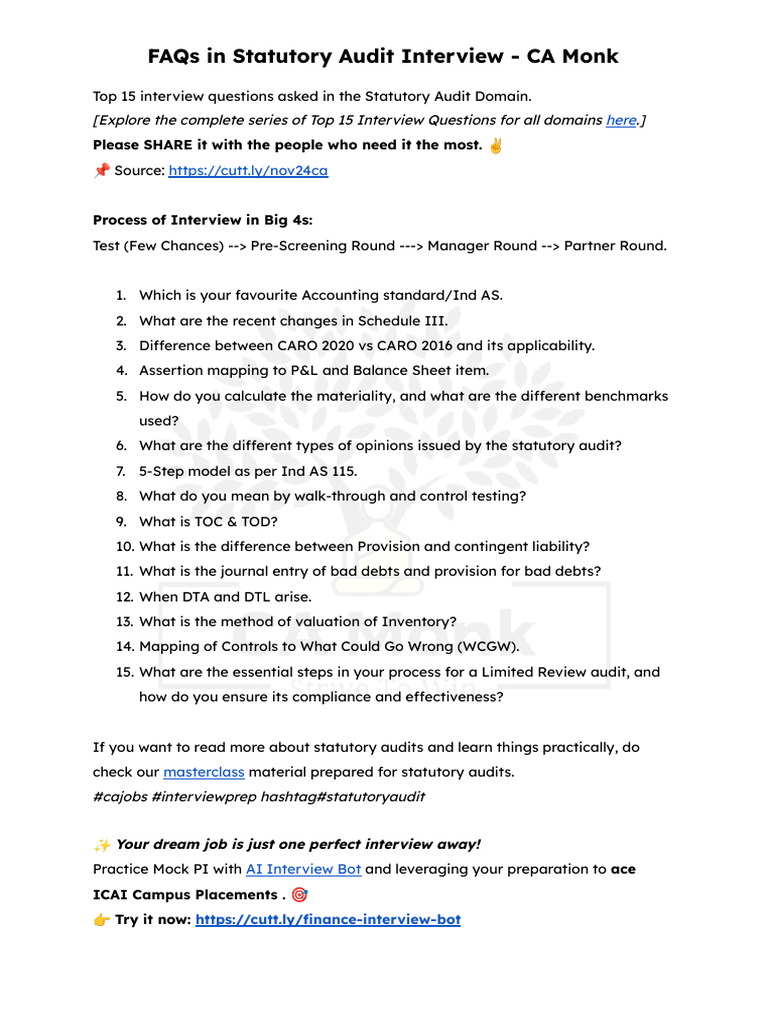 Top 15 Statutory Audit Interview FAQs | PDF | Audit | Financial Services
