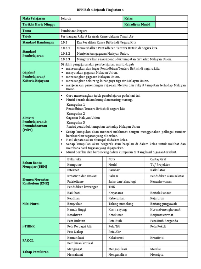 RPH Sejarah Tingkatan 4: Bab 4 | PDF