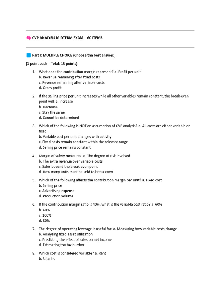CVP Analysis Midterm Exam Questions | PDF | Business Economics ...