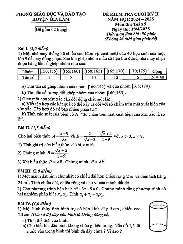 De Cuoi Ky 2 Toan 9 Nam 2024 2025 Phong GDDT Gia Lam Ha Noi | PDF