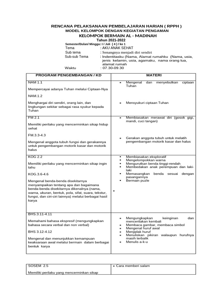 RPPH TK Mutiara Bunda | PDF