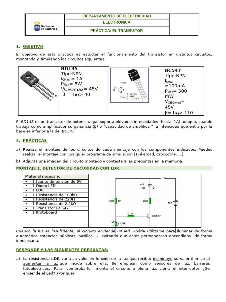Prácticas con Transistores en Circuitos | PDF | Diodo emisor de luz ...