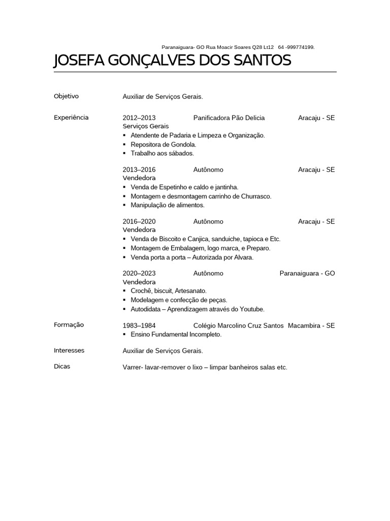 Currículo de Auxiliar de Serviços Gerais | PDF
