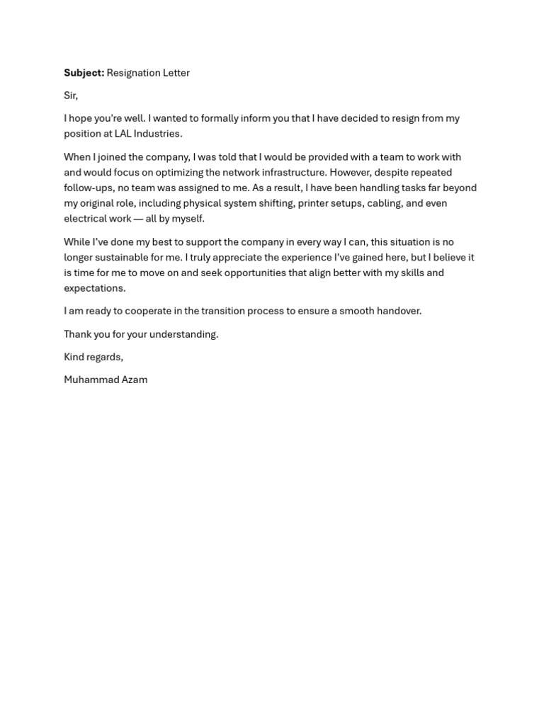 Resignation Letter from LAL Industries | PDF