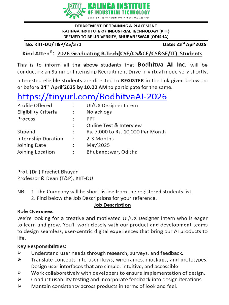 Bodhitva AI Internship for B.Tech Students | PDF | Usability ...