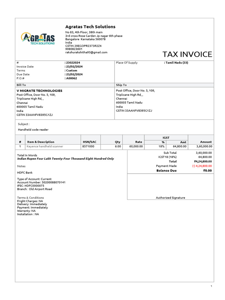Tax Invoice: Agratas Tech Solutions | PDF | Payments | Economy Of India