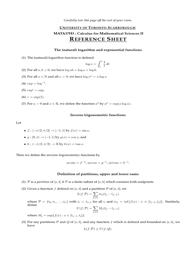 Calculus Reference Sheet and Exam Guide | PDF | Function (Mathematics ...