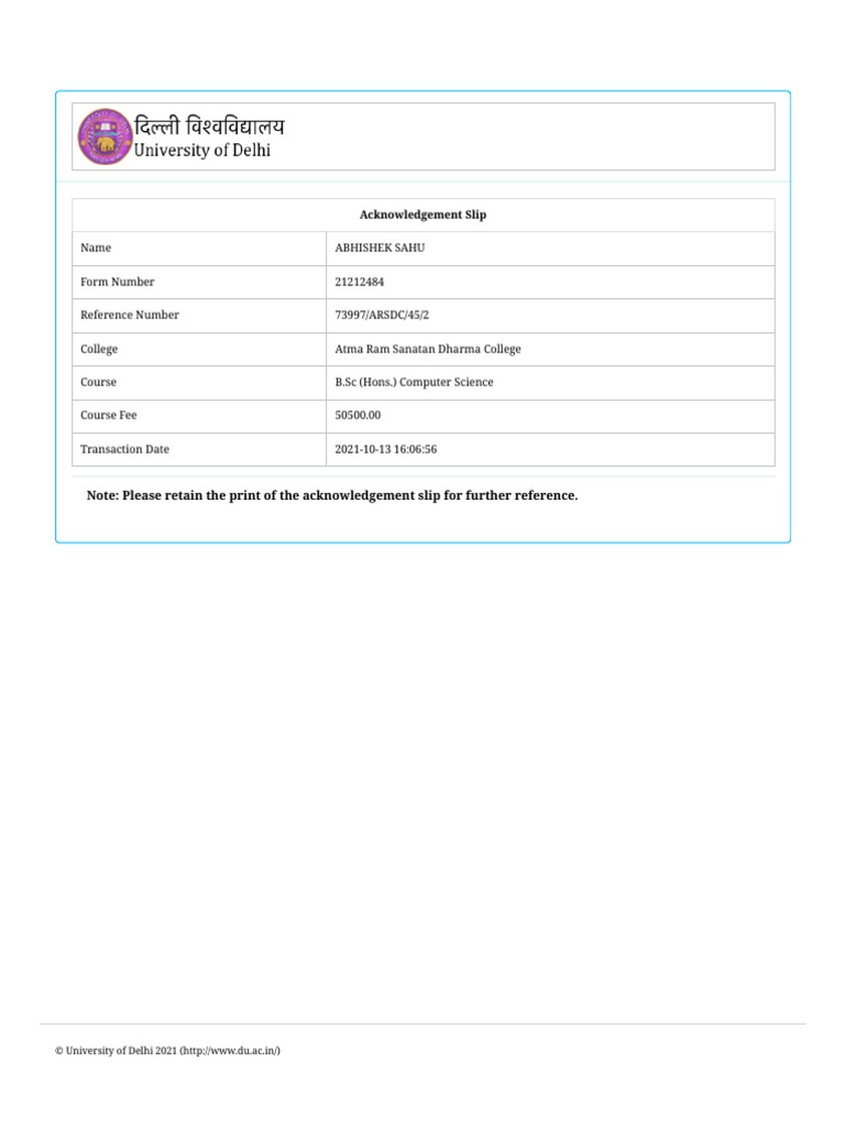 University of Delhi (ARSD Fees ) | PDF