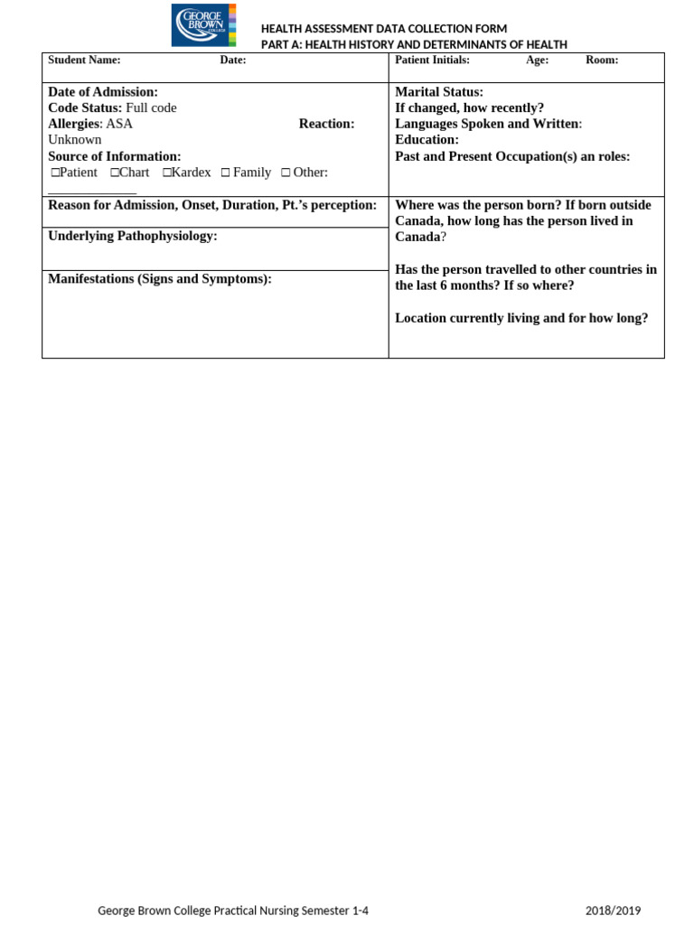 Health Assessment Data Collection Form | PDF | Patient | Mucus