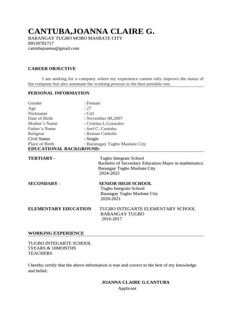 Joanna Claire Cantuba's Resume | PDF