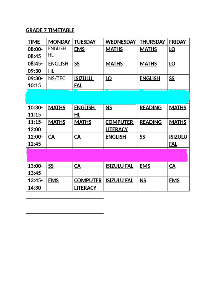 Grade 7 Timetable 2025 Term 4 | PDF