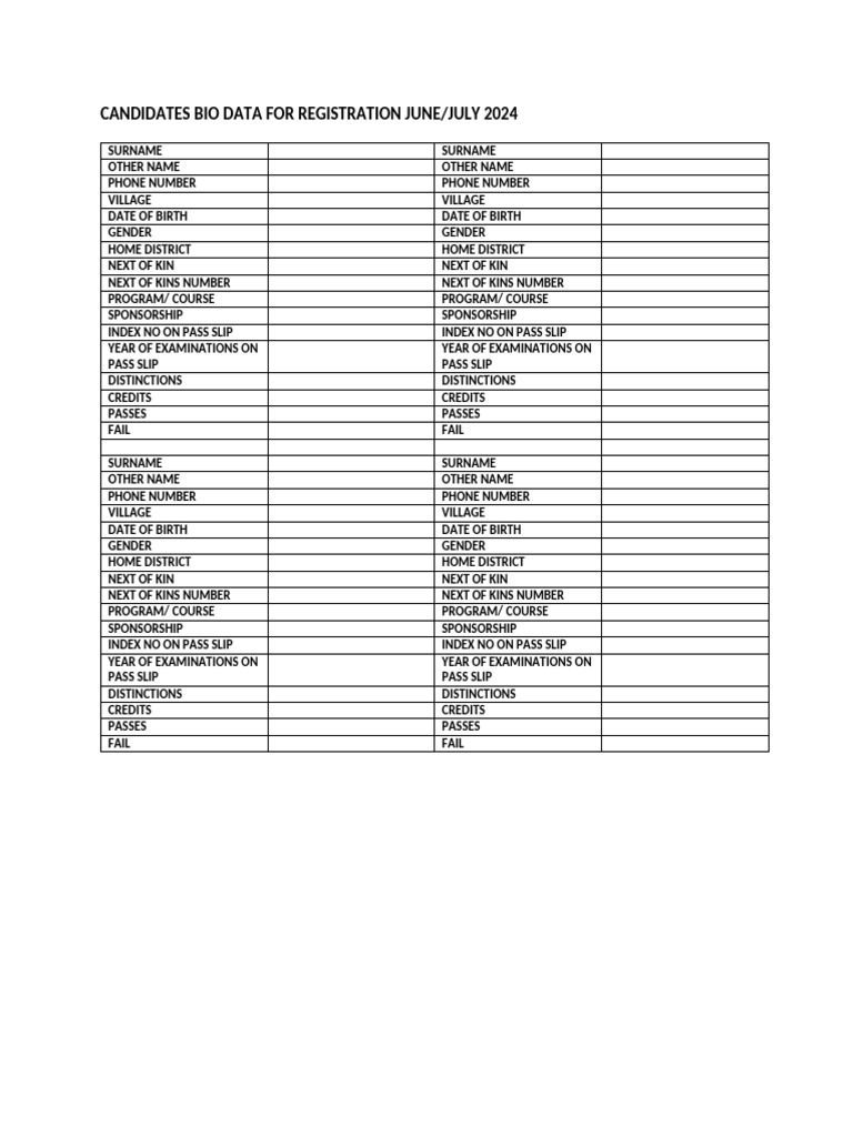 Candidate Registration Bio Data 2024 | PDF