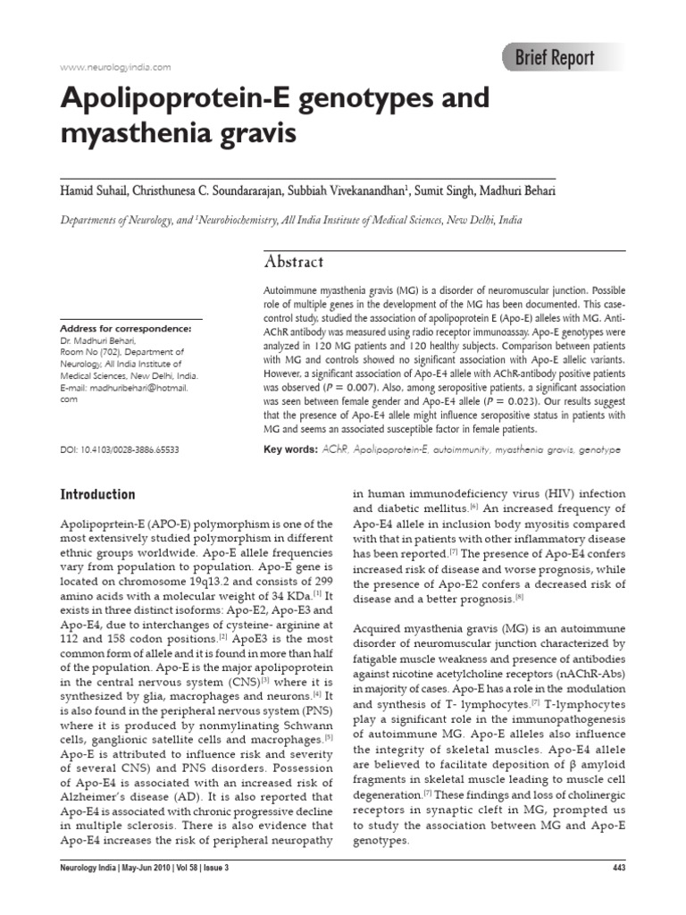 Apolipoprotein e Genotypes and Myasthenia Gravis.19 | PDF ...