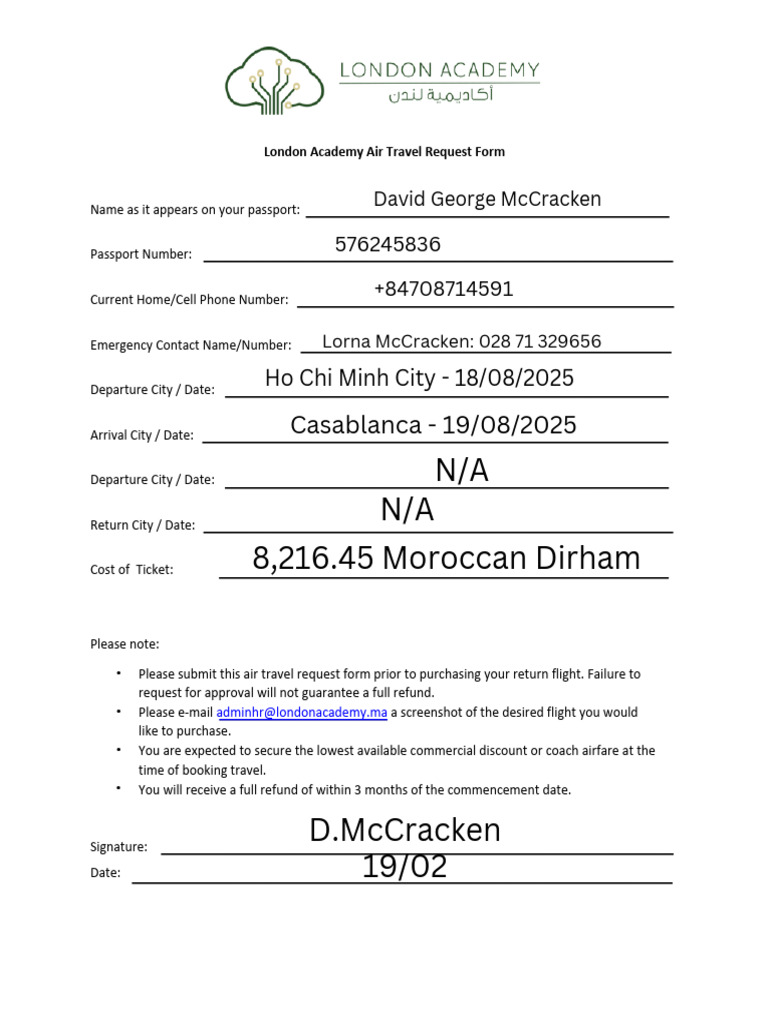 Air Travel Request for D. McCracken | PDF