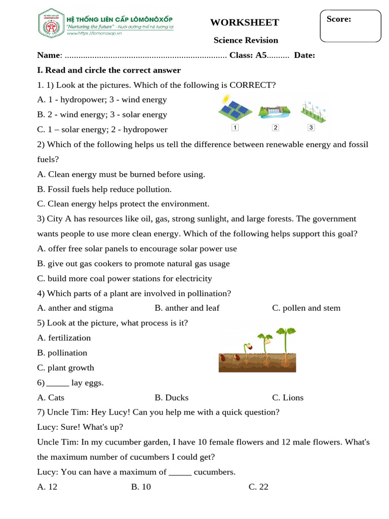 Science Revision Worksheet for Students | PDF | Renewable Energy ...