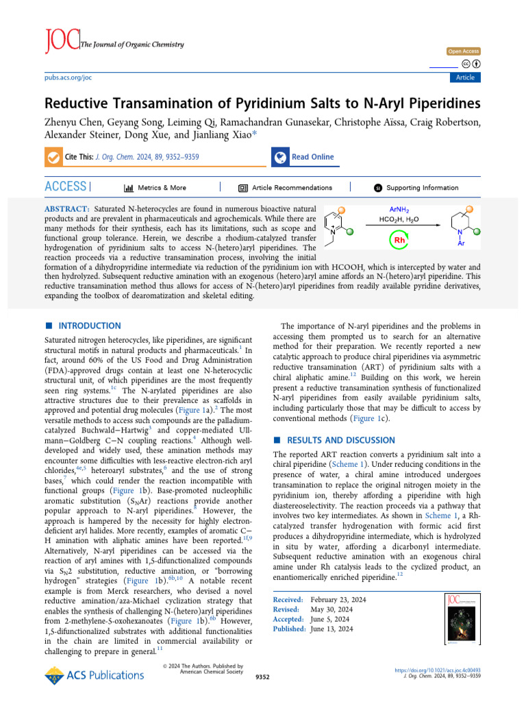 Chen Et Al 2024 Reductive Transamination of Pyridinium Salts To N Aryl ...