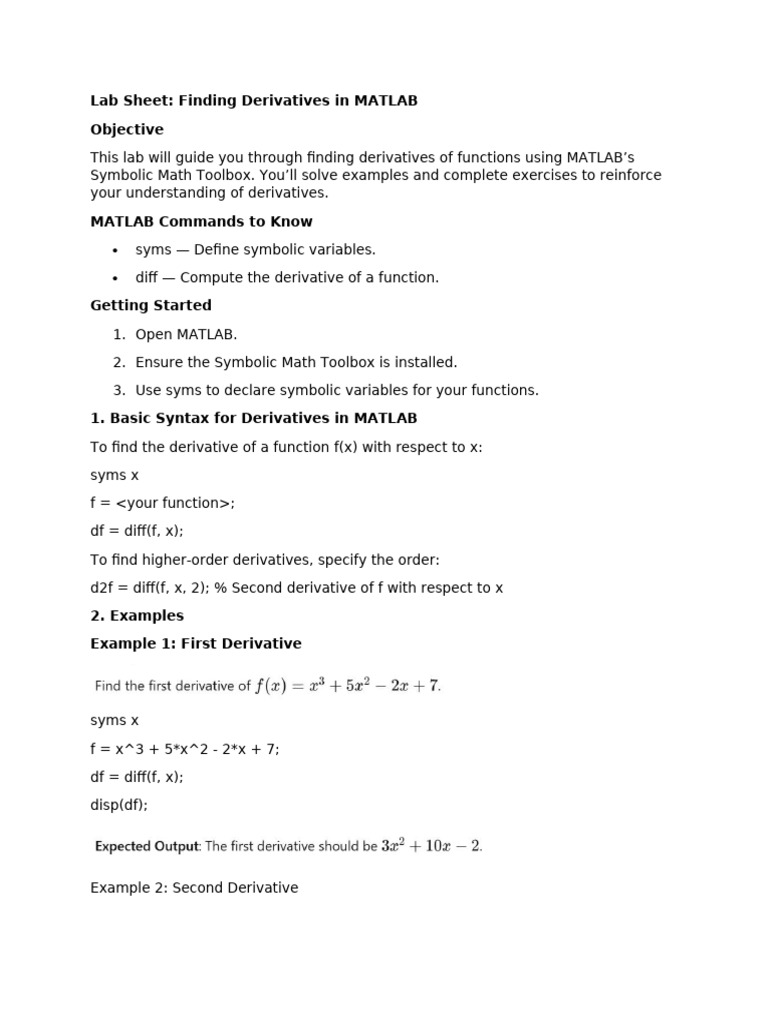 Derivatives in MATLAB: A Lab Guide | PDF