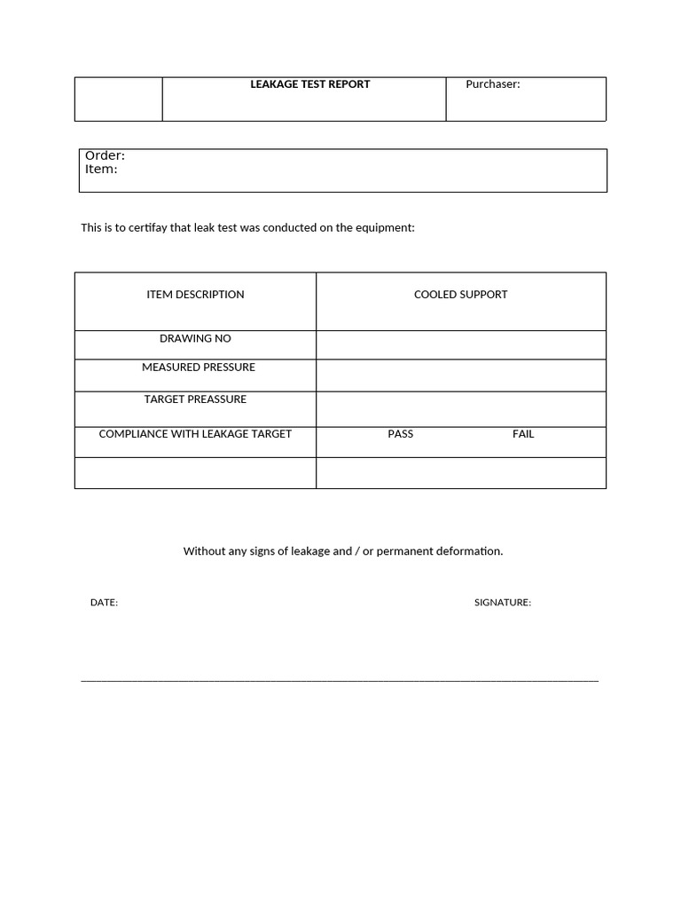 Leakage Test Certification Report | PDF