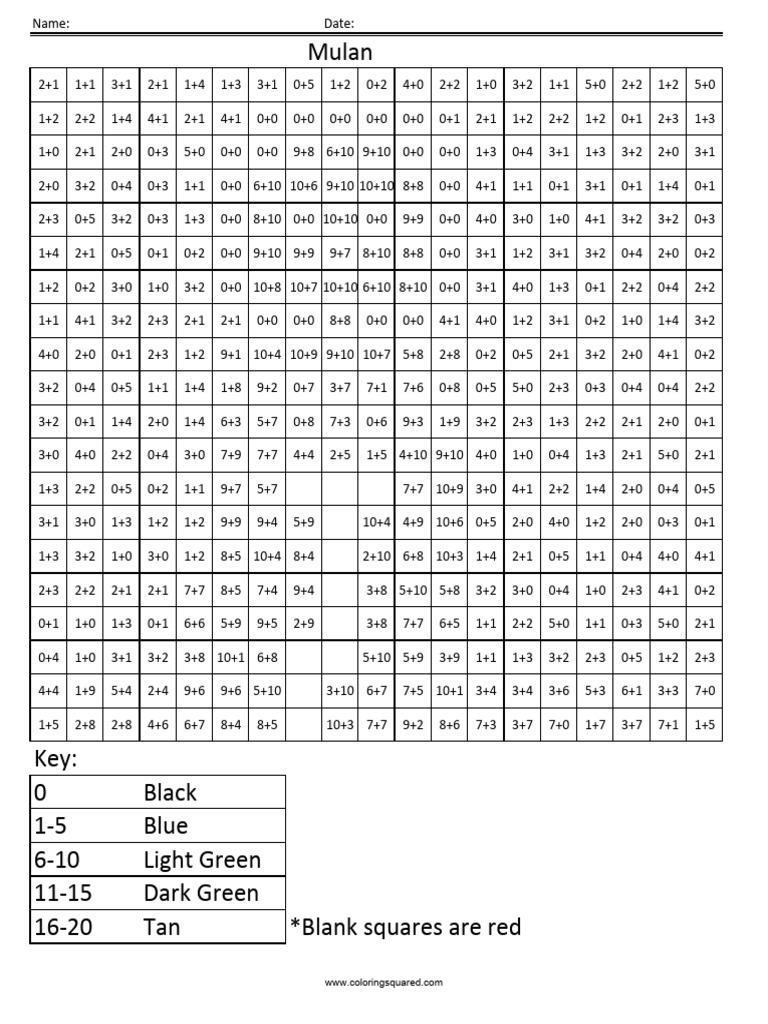 AS11 Mulan Addition Clear Disney Princess Math Coloring Pages | PDF