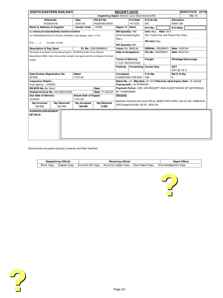 South Eastern Railway Receipt Note | PDF