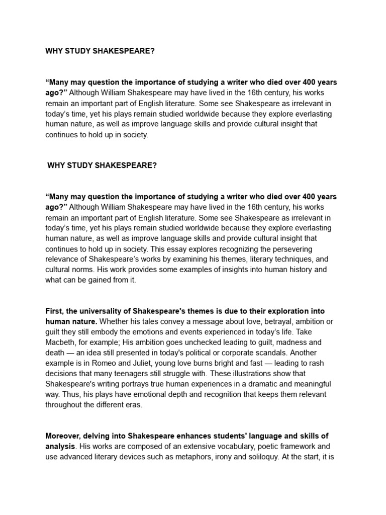 The Relevance of Studying Shakespeare | PDF | William Shakespeare ...