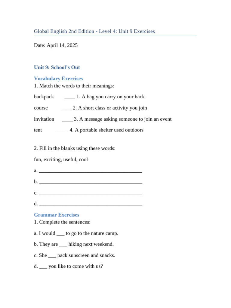 Unit 9 School's Out Exercises | PDF